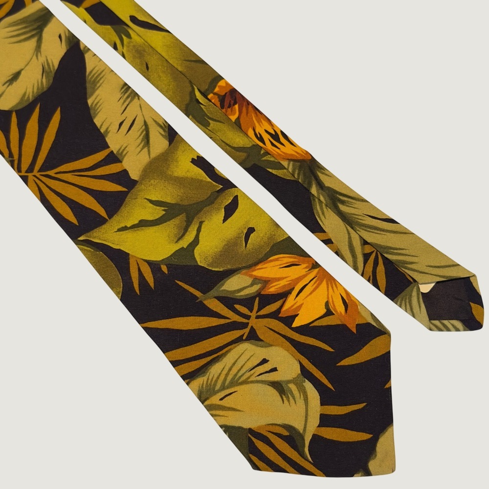 Etienne Aigner Tie Green Yellow Tropical Botanical Floral Rayon USA Made Island